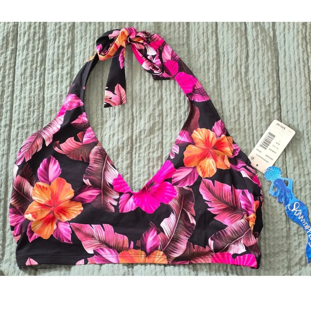 NWT Skinny Dippers Peppermint‎ Top Black Floral Halter Bikini Swim Women Large